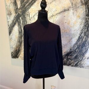 CeCe Navy Sweater with Sheer Dot Sleeves